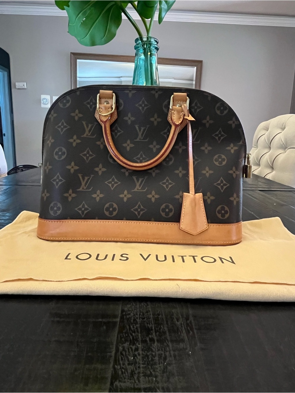 Louis Vuitton Dark Brown Monogram Alma Satchel with Natural Vachetta Trim